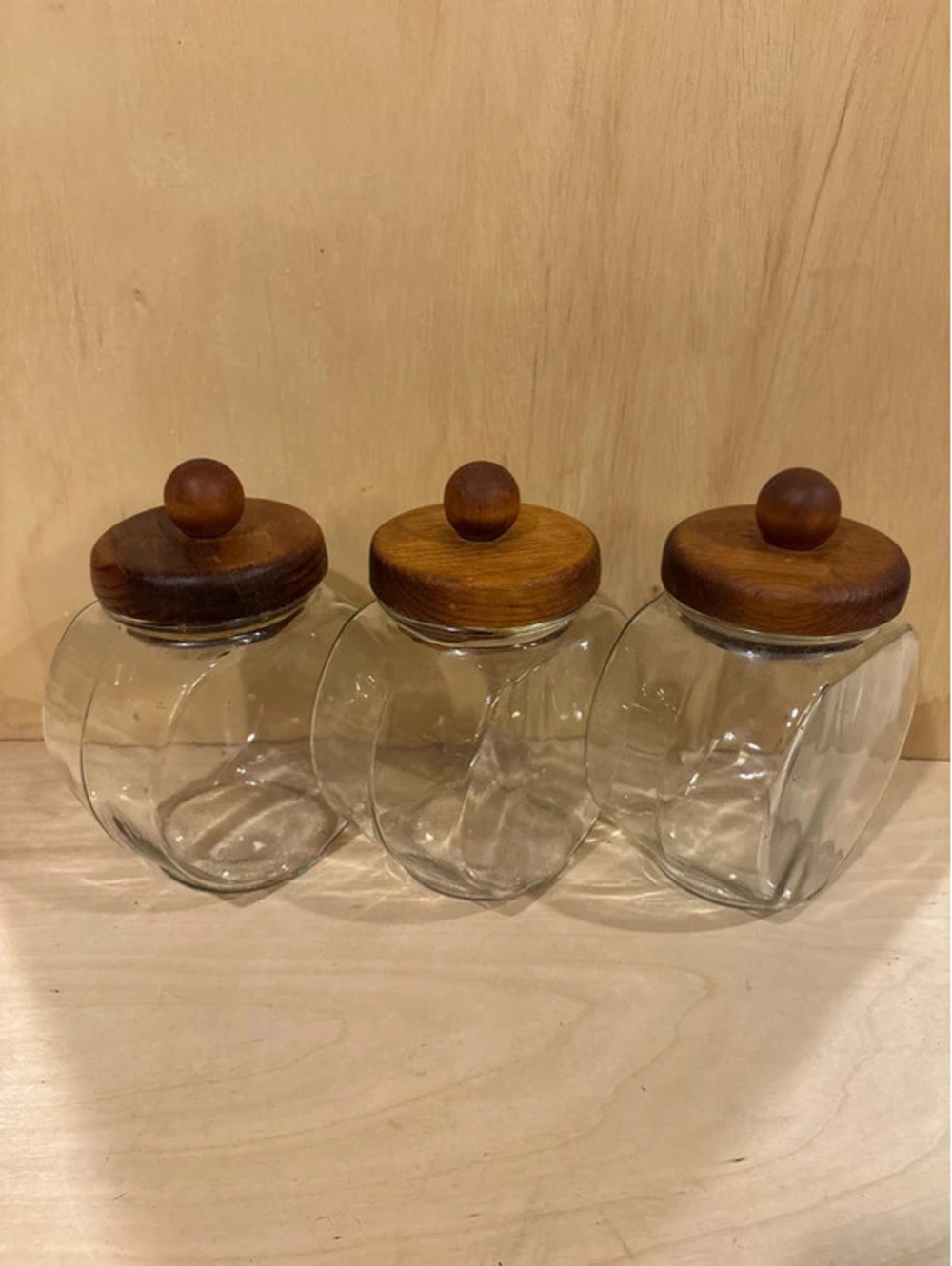 Vintage Anchor Hocking Glass Penny Candy Jar Canister Set 3 Wood Lids MCM